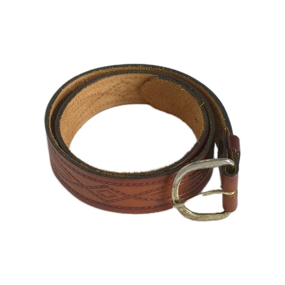 Western Style Belt Full Grain Leather Brown & Metal Buckle  34